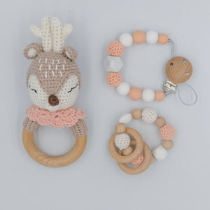 Crochet Deer Teether Rattle Set Gift Box - Pink 0-12M