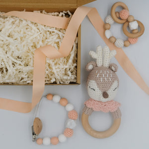 Crochet Deer Teether Rattle Set Gift Box - Pink 0-12M