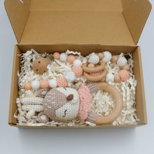 Crochet Deer Teether Rattle Set Gift Box - Pink 0-12M